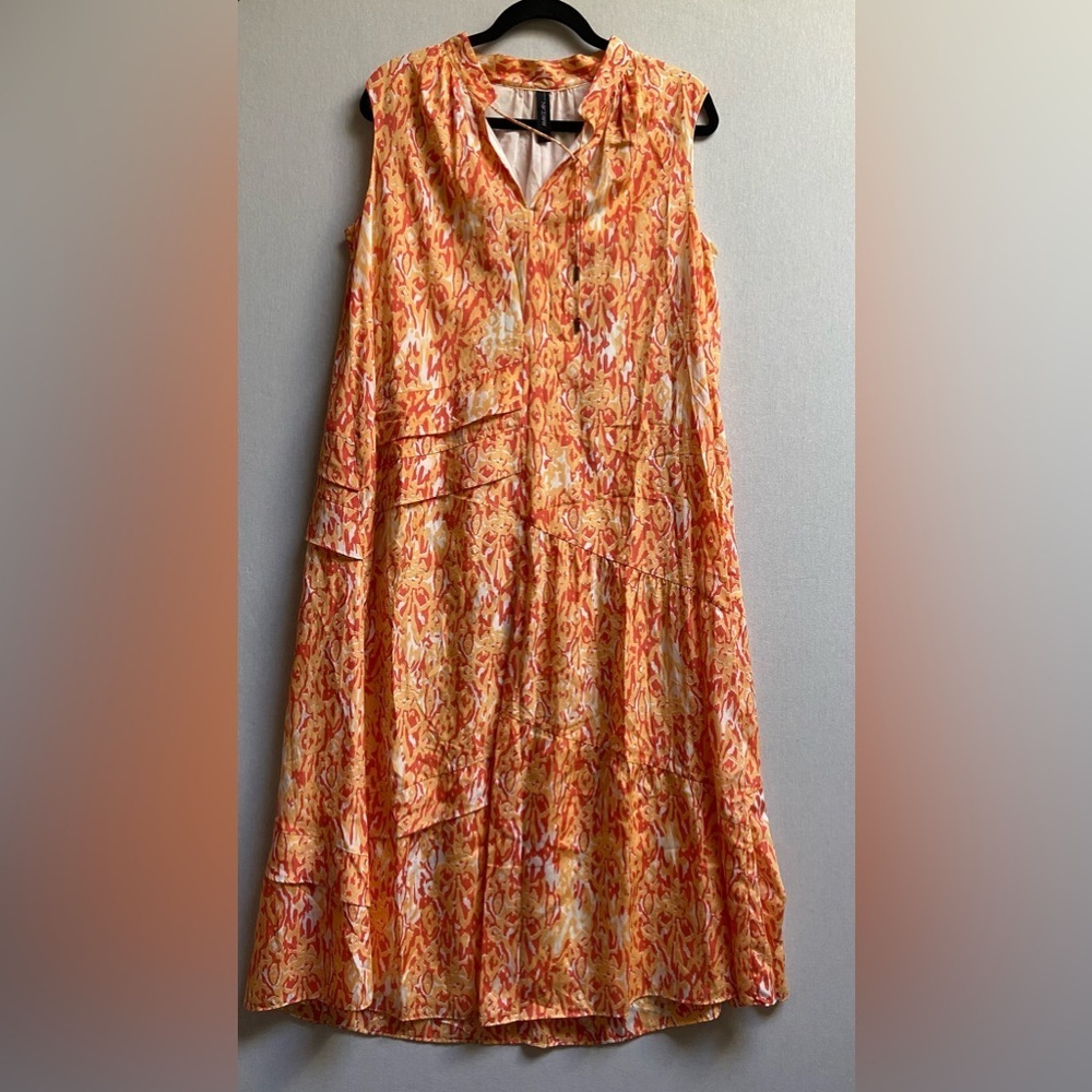 Marc Cain orange coral multicoloured silk cotton blend maxi dress Sz 10